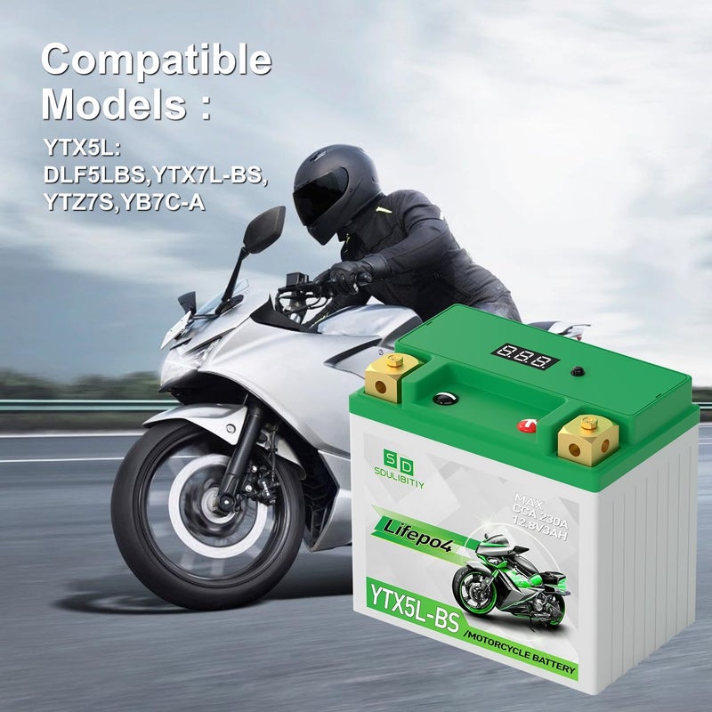 SDULIBITIY بطارية دراجة نارية ليثيوم LiFePO4 YTX5L-BS 12.8V 3Ah 230CCA عالية الأداء للرياضات القوية، متوافقة مع ATV، UTV، 4 عجلات، سكوتر، PWC، Seadoo، Polaris وبطارية مولد. - Image 5